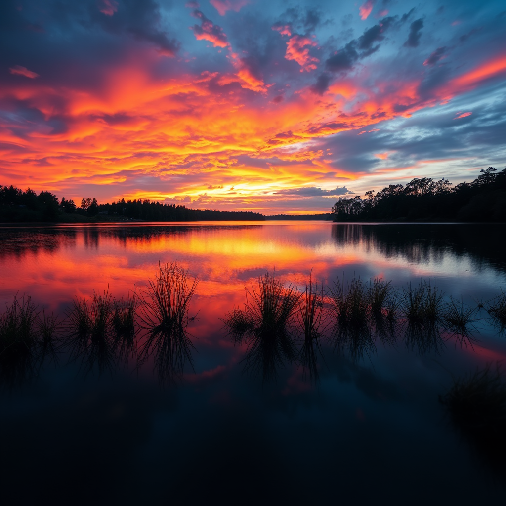 Capture a vibrant sunset over a serene lake with the reflection of trees, 50mm lens, f/2.8 aperture, ISO 100, 1/200 sec shutter speed, taken from a low angle for a dramatic effect, using a DSLR camera.