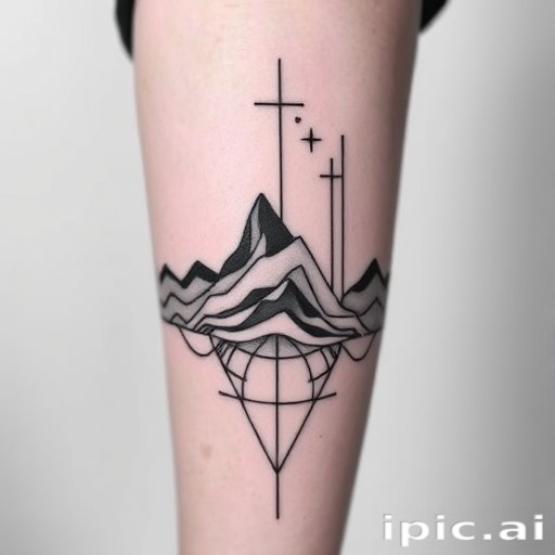 Minimalist blackwork tattoo called "Shadows and Lines" showcasing intricate linework and negative space, creating a striking contrast against the skin with bold black ink and precise geometric patterns, inspired by architectural blueprints and topographical maps