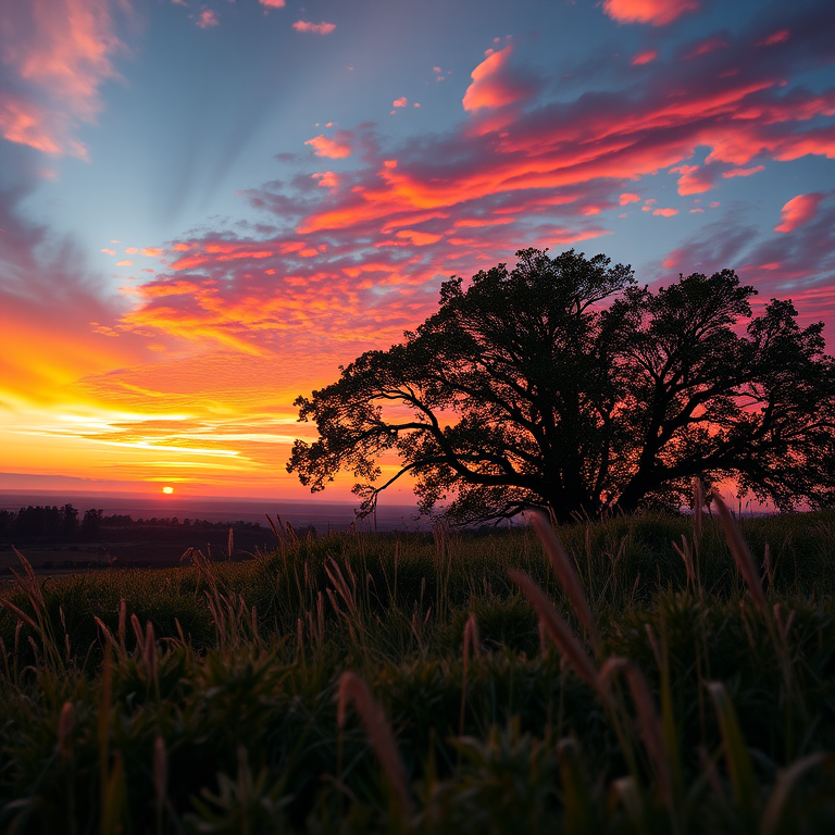 Capture a high-resolution image of a serene landscape at sunset, using a Canon EOS R5 with a 24-70mm f/2.8 lens, aperture set to f/8, ISO 100, and a shutter speed of 1/125s, from a low angle to emphasize the foreground and create a dramatic sky with vibrant colors.