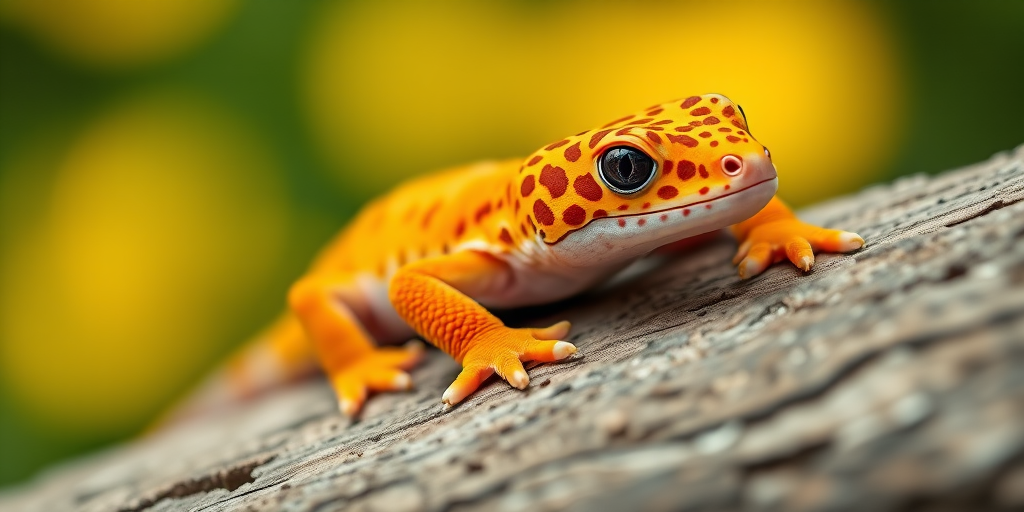 Capture a close-up of a vibrant orange leopard gecko resting on textured wood with a blurred green and yellow background, using a DSLR camera with a 50mm f/1.8 lens, aperture set to f/2.8, ISO 200, and shutter speed of 1/200 sec for sharp details and smooth bokeh.