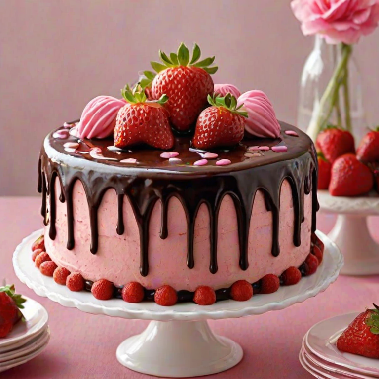 Create an image of a two-layered cake. The bottom layer should be a smooth pink frosting, while the top layer should feature rich chocolate frosting with chocolate ganache drips. Adorn the top with several fresh strawberries dipped in dark chocolate and a few dollops of pink frosting. The cake should be displayed on a decorative cake stand.