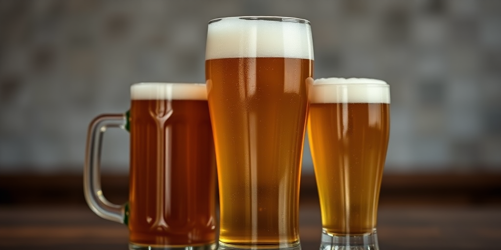 Create an image of three beer glasses, including a traditional stein, a tall wheat beer glass, and a short glass with foam on top, using a Canon EOS R5 camera, 50mm lens, f/2.8 aperture, 1/125 shutter speed, ISO 100, with natural lighting and a shallow depth of field to enhance the focus on the beers.