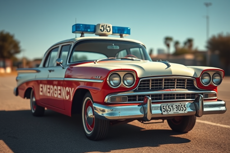 Generate an image of a vintage emergency vehicle resembling a white and red sedan with blue lights on top, captured in a three-quarter view using a DSLR camera at f/5.6 aperture, ISO 100, 50mm lens, with soft natural lighting to enhance details and reflections.
