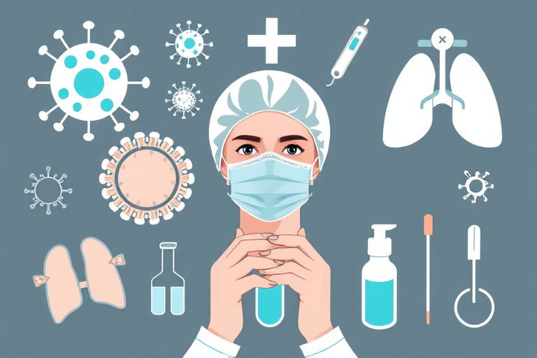 Create a detailed illustration of healthcare-related icons including a virus, a masked healthcare worker, a face mask, a thermometer, hands applying sanitizer, lungs, a laboratory test tube, a cotton swab, and a dropper, using a high-resolution 4K camera with a 50mm lens at f/1.8 for shallow depth of field, captured from a top-down perspective with natural lighting to enhance contrast and clarity.