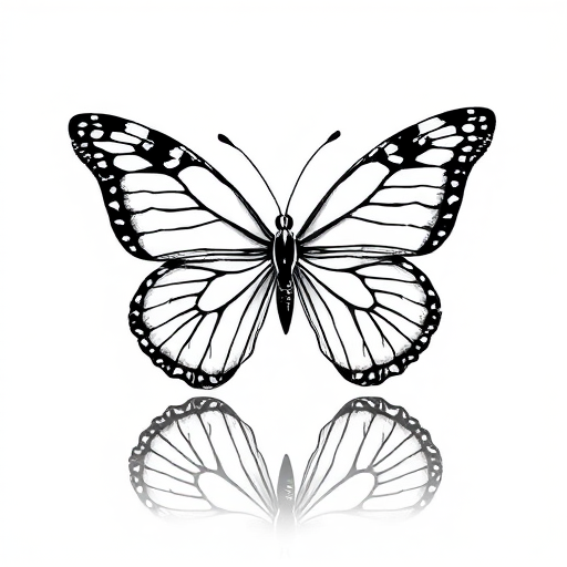 Create a black and white illustration of a butterfly with intricate wing patterns. The butterfly should be depicted with a smooth, reflective surface beneath it, enhancing its elegance. The background should be minimalistic to emphasize the butterfly's details and reflection.