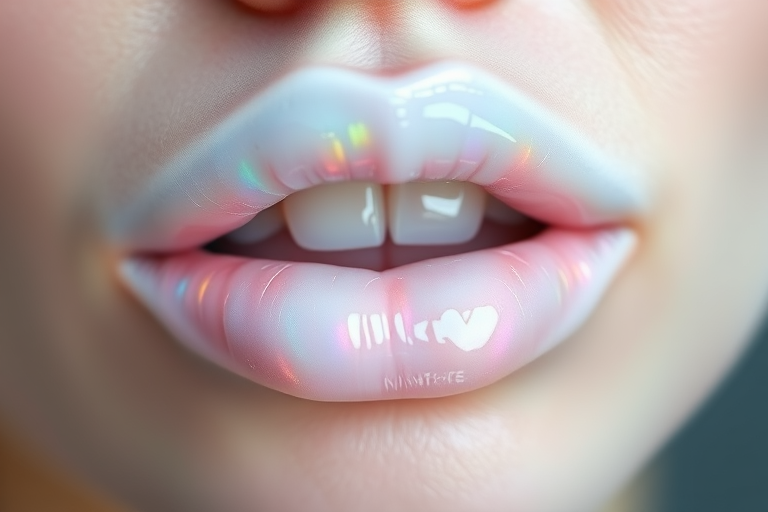 Opalescent white lips with a prismatic rainbow shift and glossy finish, titled "Ethereal Moonstone Aura"