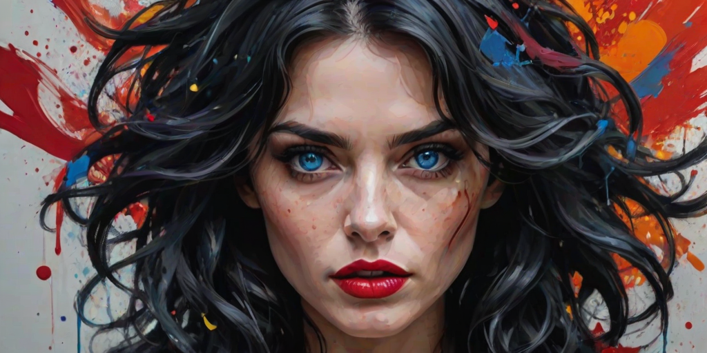 A cinematic shot of a dark fantasy scene with a vivid portrait of a woman with striking blue eyes and tousled black hair. A portrait of a woman with black wavy hair. She has a focused and intense gaze, accentuated by her bold red lipstick. The woman is wearing a deep red, shiny blouse A captivating dark fantasy portrait by TMann, featuring a mysterious brunette woman with a striking profile and rugged appearance. Her unkempt hair cascades down her back, framing her intense gaze. The artist masterfully employs bold, expressive brushstrokes to bring her essence to life, creating a mesmerizing abstract acrylic portrait. The background is a stunning blend of warm oranges and deep reds, contrasting with her cool skin tones. Fluid, irregular lines and splattered ink add texture and life, while dynamic knife strokes emphasize movement. Contrast lighting and the knife-paint technique are used to create depth and dimension. This mesmerizing piece is a multi-layered composition, featuring vivid style, typography, portrait photography, poster, conceptual art, illustration, and painting elements. The HD quality and detailed textures make this a, 3d render, conceptual art, poster, fashion, painting, typography, illustration, cinematic, portrait photography, vibrant Less, graffiti. Hyper-realistic, 4K, HDR
