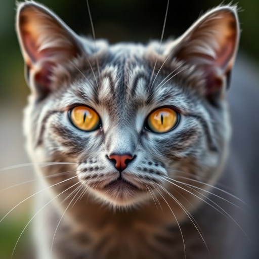 Capture a close-up portrait of a blue-gray cat with striking orange eyes, using a Canon EOS 5D Mark IV, 85mm lens, aperture f/1.8, ISO 200, natural light, shallow depth of field, focused composition.