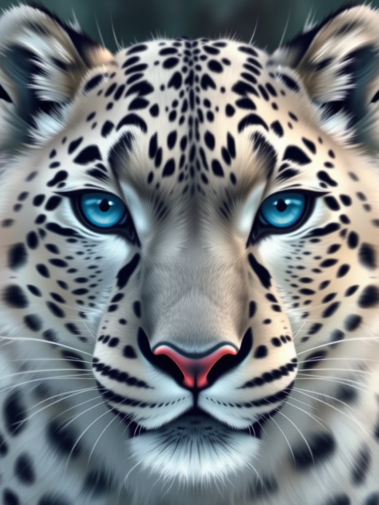 Create a high-resolution illustration of a snow leopard's face featuring vivid blue eyes and intricate fur details, using a digital drawing style, captured in a close-up view with a slight tilt, emulate a Canon EOS 5D Mark IV, aperture f/4, shutter speed 1/250s, ISO 100.