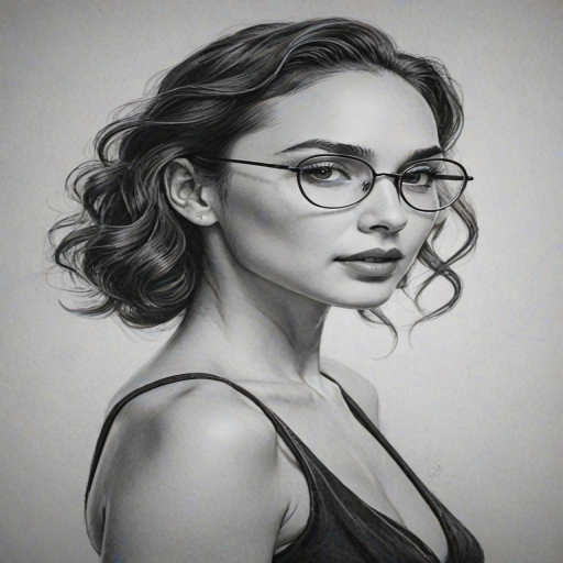 Beauteous Gal Gadot, pencil sketch, portrait of Graceful woman 1936s in glasses, hair style beatnik, outline, clear lines, fine lines, 8k
