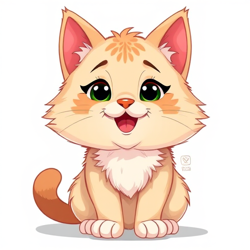 Create a high-quality illustration of a cartoon cat with fluffy fur and a playful expression, using a DSLR camera with a 50mm lens, apertures set to f/1.8, ISO 200, front view, natural light, and a vibrant color palette.