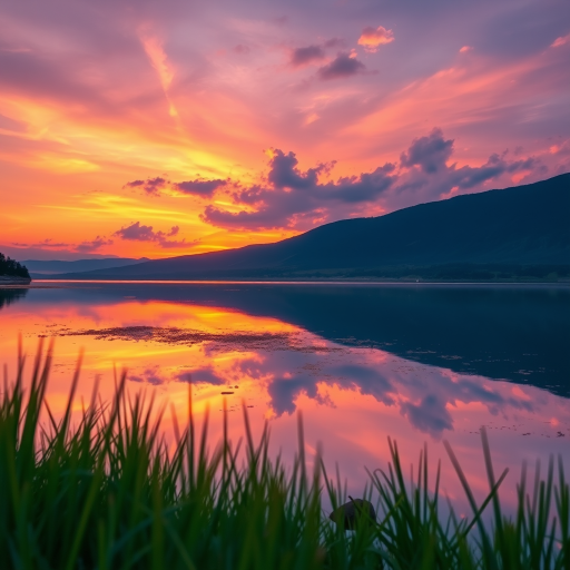 Generate an image of a sunset over a calm lake with reflections of the sky, using a Canon EOS R5 camera, f/8 aperture, ISO 100, 1/200 sec shutter speed, shot from a low angle to capture the foreground, in vibrant colors and high detail.