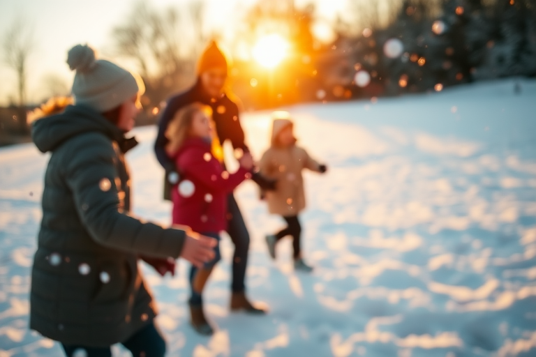 Blurry candid shot of a family playing in the snow, soft golden light from the setting sun casting long shadows on the snowy ground, with snowballs flying through the air and laughter filling the scene.