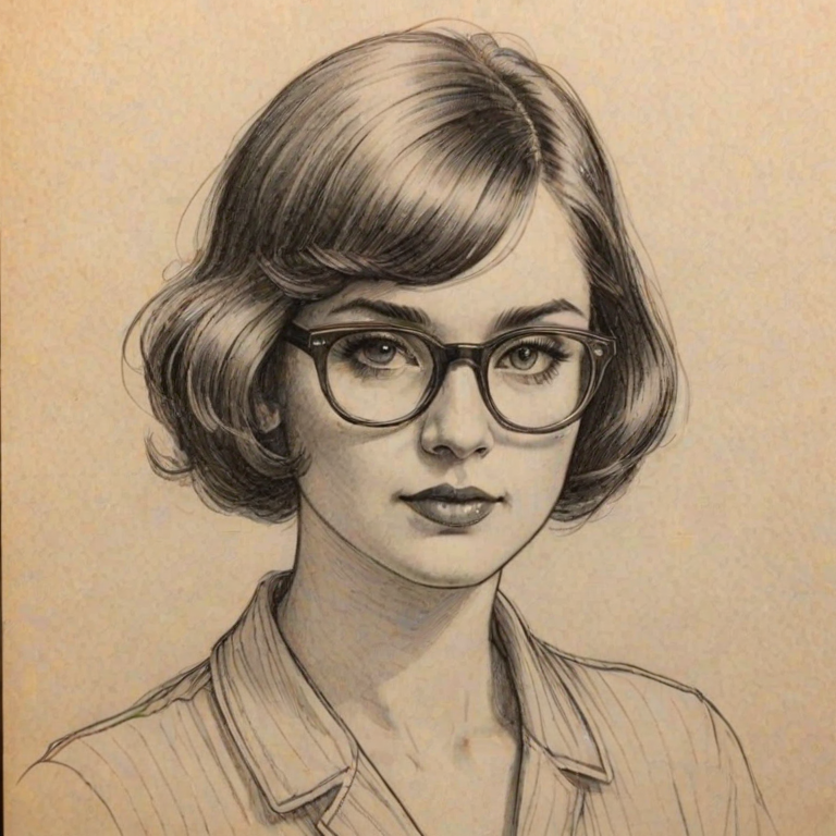 Lovely Demi Burnett, pencil sketch, portrait of Appealing woman 1924s in glasses, hair style beatnik, outline, clear lines, fine lines, 8k