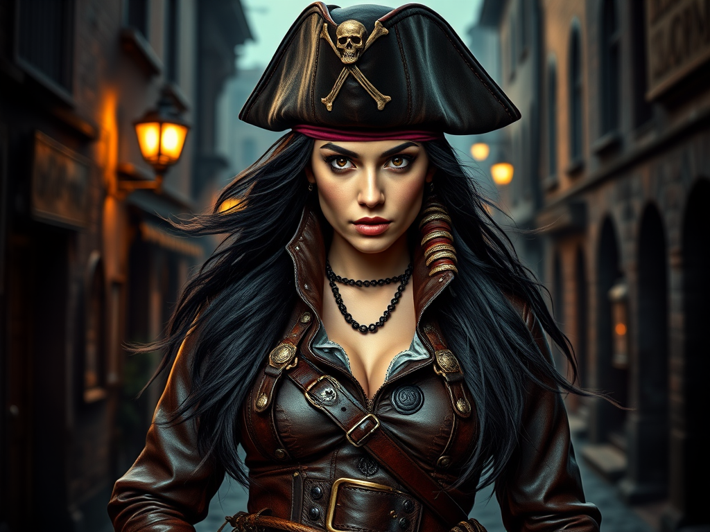 Create a portrait of a fierce female pirate. She wears a leather tricorn hat adorned with a skull and crossbones emblem, and her long, dark hair flows around her face. Her outfit consists of a richly detailed leather jacket, a corset, and multiple layers of belts and accessories, giving her a formidable and stylish appearance. She stands confidently in a dimly lit, historic port town, with a backdrop of weathered buildings and cobblestone streets, capturing the adventurous spirit of a pirate.