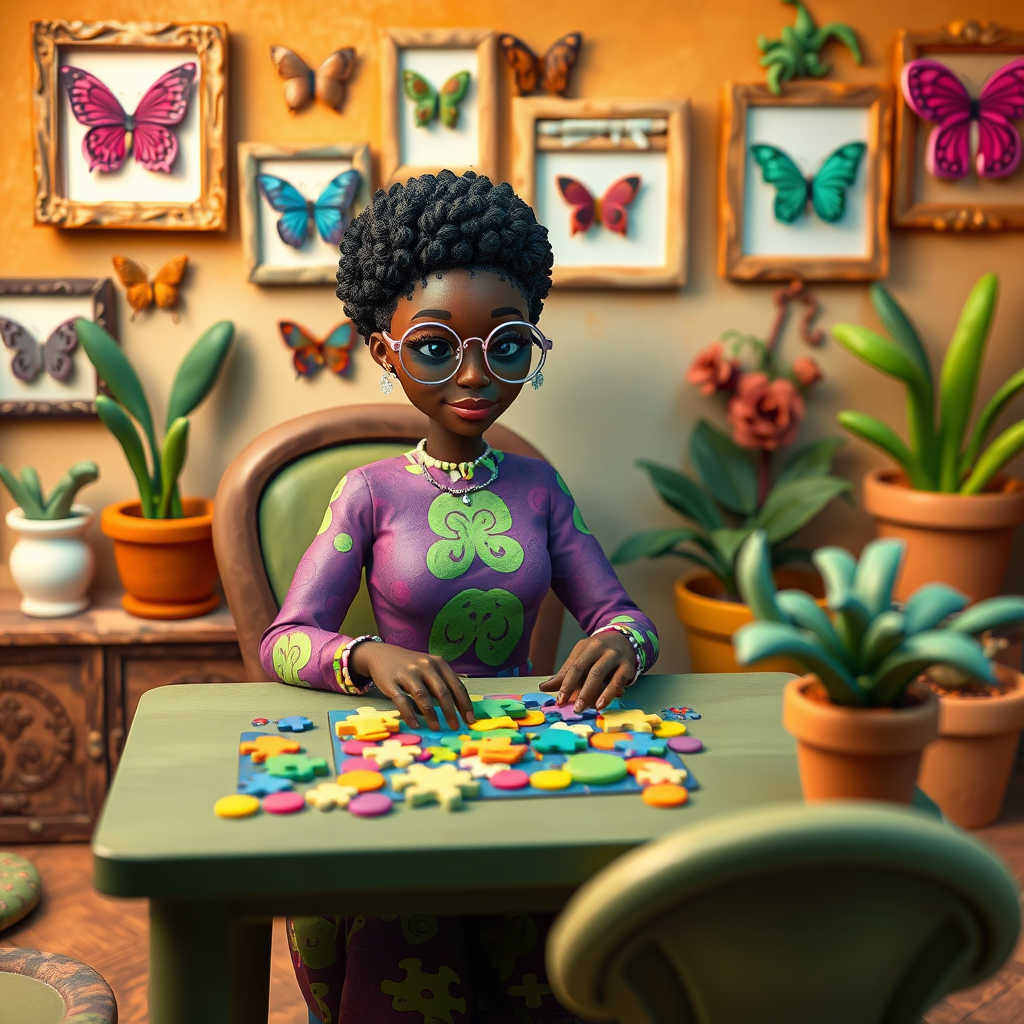 A vibrant and whimsical illustration of an african american woman sitting at a table working on a colorful jigsaw puzzle. she is wearing round glasses, and patterned clothing in shades of purple and green.  The background features an eclectic collection of framed butterflies, potted plants, and other natural elements, creating a warm and inviting atmosphere. The style is playful and modern, with rich textures, intricate details, and a lively color palette.