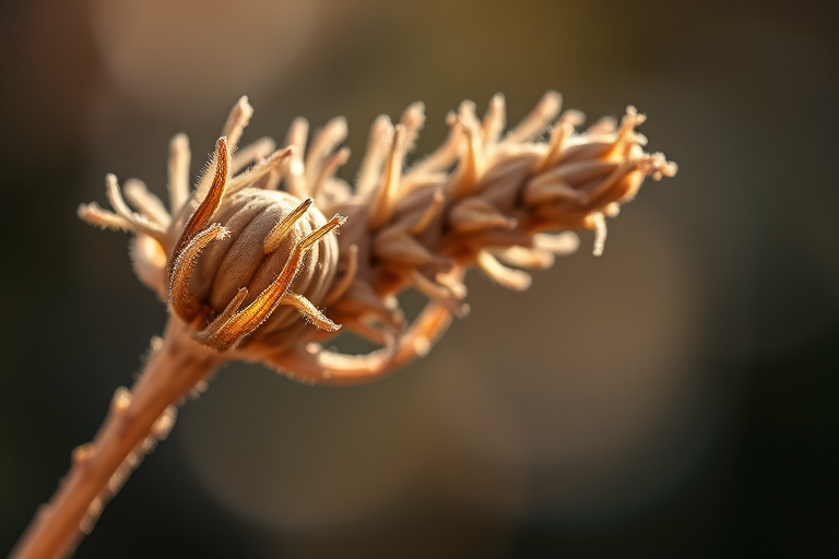 Capture a close-up of a dried plant stem with intricate textures and details, focusing on natural lighting, using a macro lens at f/2.8, ISO 100, shutter speed 1/200s, in portrait orientation, with a bokeh background for depth, shot with a DSLR camera.