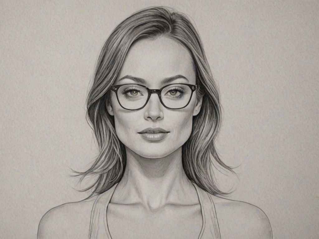 Resplendent Olivia Wilde, pencil sketch, portrait of Alluring woman 1957s in glasses, hair style beatnik, outline, clear lines, fine lines, 8k