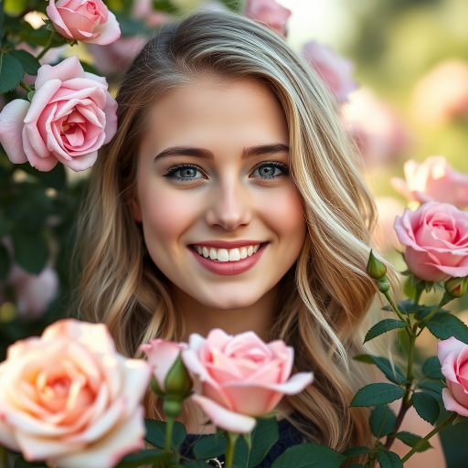 portrait of a young woman with wavy blonde hair smiling amidst blooming roses, using a Canon EOS R5, 85mm f/1.2 lens, aperture f/2.8, ISO 100, natural light, soft focus background