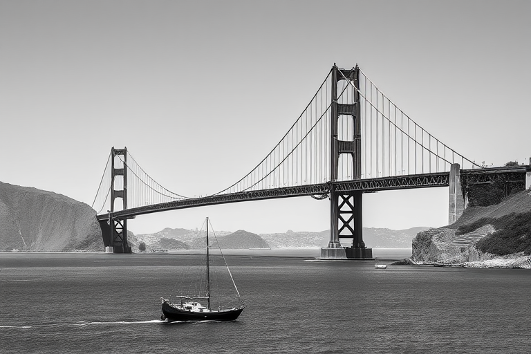 Generate a high-resolution black and white image of the Golden Gate Bridge with a foreground ship and sailboat, using a Canon EOS R5 camera, 24mm lens, f/8 aperture, ISO 200, shutter speed 1/500s, taken from a wide-angle view to capture the details of the bridge and the water.