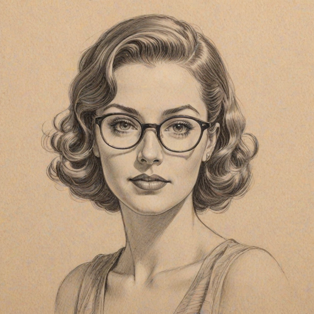 Graceful Jillian Rose Reed, pencil sketch, portrait of Delightful woman 1937s in glasses, hair style beatnik, outline, clear lines, fine lines, 8k