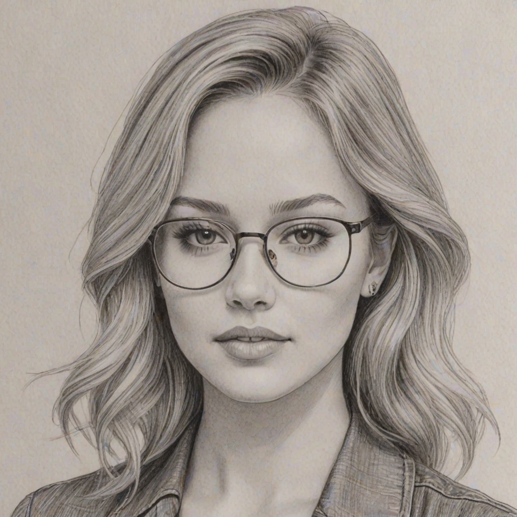 Elegant Kelli Berglund, pencil sketch, portrait of Comely woman 1980s in glasses, hair style beatnik, outline, clear lines, fine lines, 8k