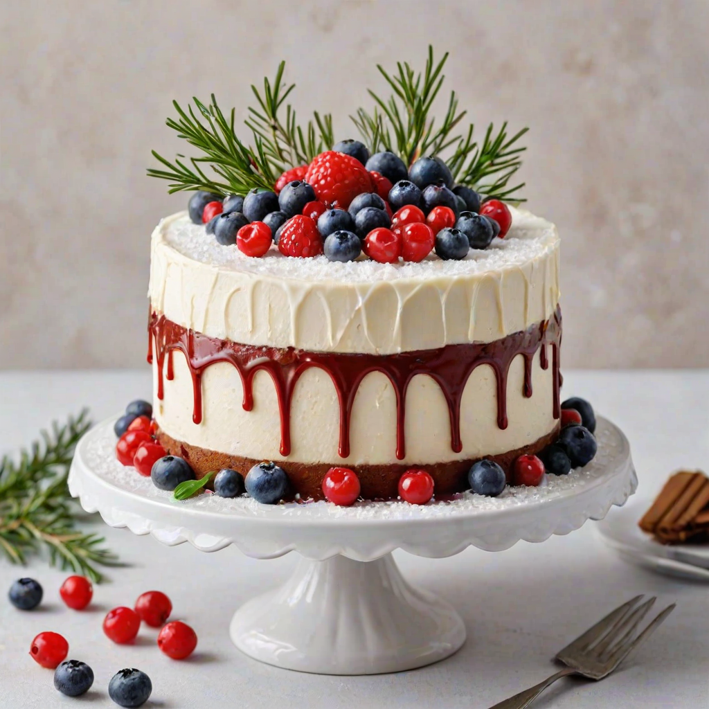 Create an image of a beautifully decorated cake. The cake should have a smooth red exterior with a glossy chocolate drip effect along the edges. On top, there should be a festive arrangement of fresh berries, including blueberries and redcurrants, along with small white decorative elements resembling snowflakes. Add sprigs of rosemary for a touch of greenery. The cake should be presented on a simple white cake stand against a light background.
