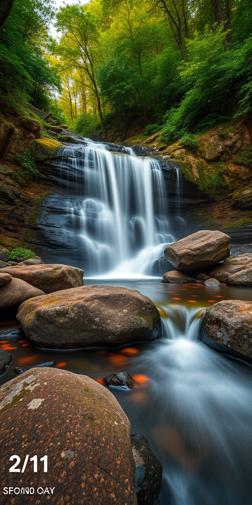 capture a serene waterfall cascading over rocks in a lush green setting with a slow shutter speed of 2 seconds, aperture set to f/11 for depth of field, ISO 100 for clarity, wide-angle lens to include the surrounding nature, shot at golden hour for soft lighting, using a DSLR camera for high resolution