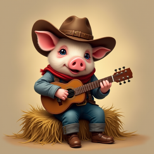 A chibi pig, dressed as a cowboy, playing guitar, sitting on a hay bale