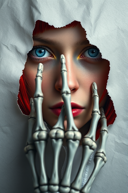 Create a digital illustration of a person partially revealing their face through a torn paper effect, showing vibrant blue eyes and striking red hair, with a detailed skeletal hand in the foreground, using high resolution, shot with a Canon EOS R5 at f/1.8, 50mm lens, natural lighting and a soft focus background to enhance depth and clarity.