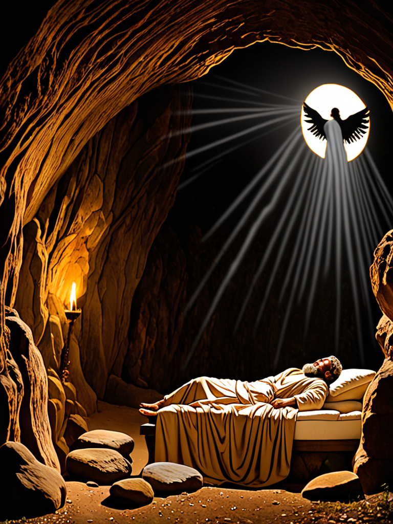 prophet Elijah sleeping in a cave being watched by an angel