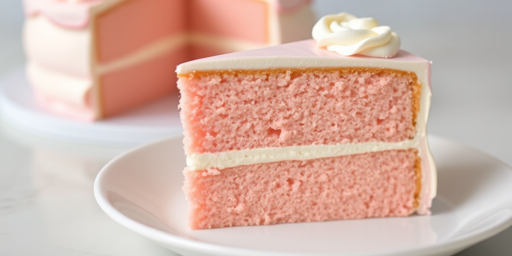 A slice of pink cake with layers of soft sponge and creamy frosting displayed on a white plate with a blurred background of more cake slices and a pastel color theme.