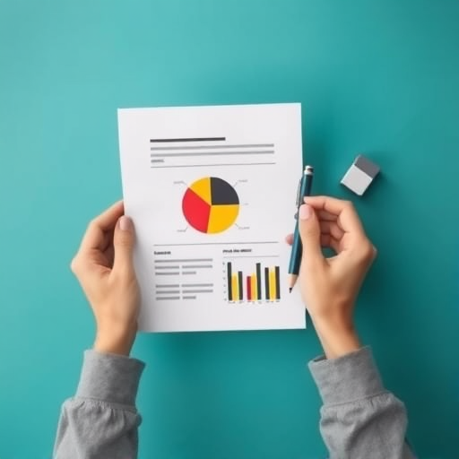 Create an image of a person's hands holding a document with a pie chart featuring red, yellow, and black sections, accompanied by a pencil and an eraser, set against a teal background, shot with a Canon EOS 5D Mark IV, aperture f/4, ISO 200, 50mm lens, natural lighting.
