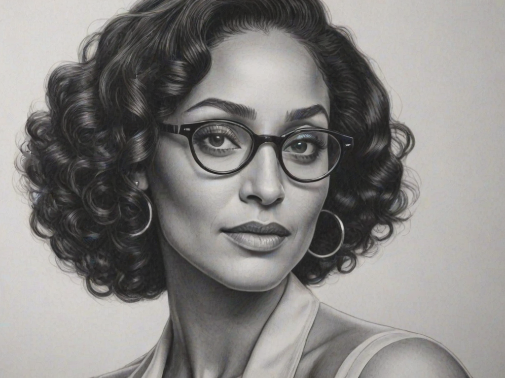 Bewitching Tracee Ellis Ross, pencil sketch, portrait of Magnificent woman 1941s in glasses, hair style beatnik, outline, clear lines, fine lines, 8k