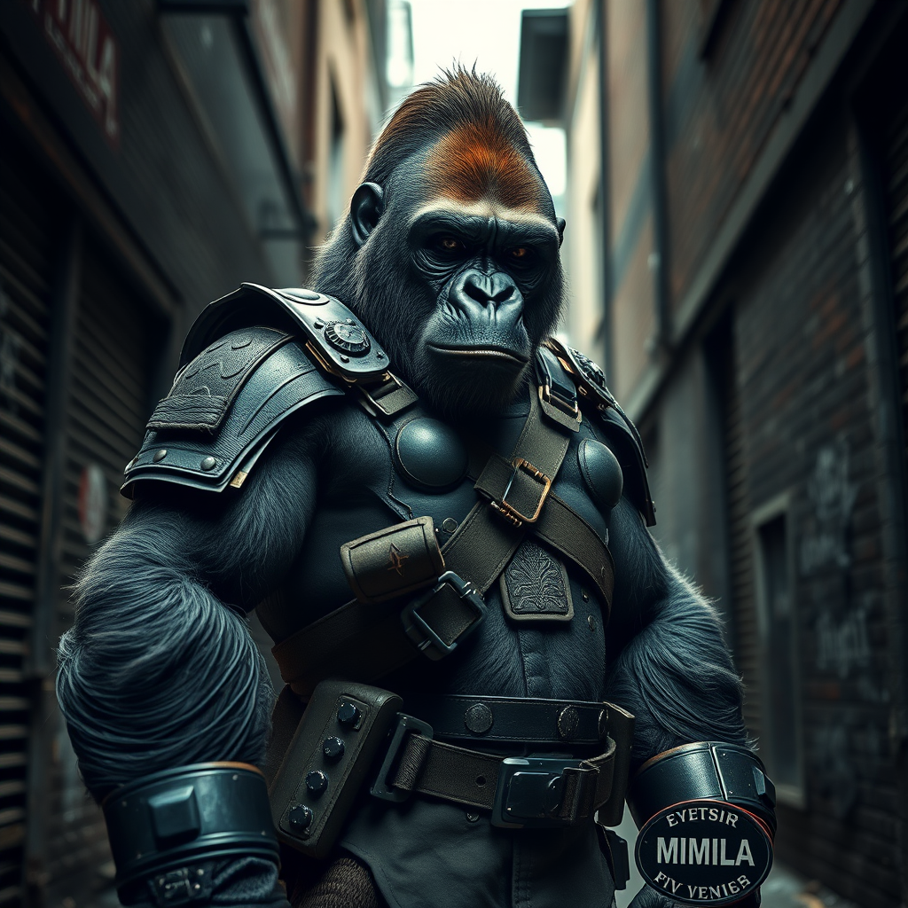 Create a hyper-realistic image of a muscular gorilla wearing a military-style outfit and armor, standing confidently in a dark, gritty urban alley, captured with a DSLR camera at f/2.8, ISO 100, 24mm lens, in a dramatic low-angle perspective with soft diffused lighting to enhance textures and details.