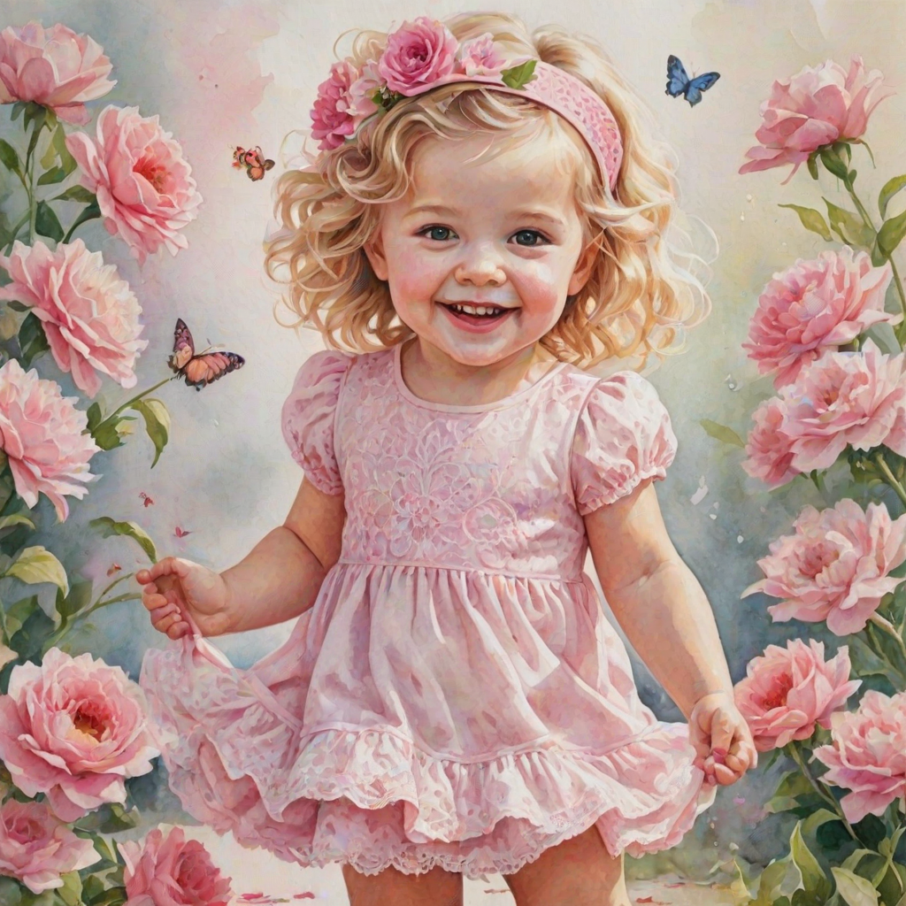 hyperrealism happy smiling toddler girl with messy wavy blonde hair with a headband, she is wearing a pink and white lace dress with pink and white shoes, she is holding a pink bouquet of flowers. Pink flowers and butterflies. summer background. Watercolor Highly detailed