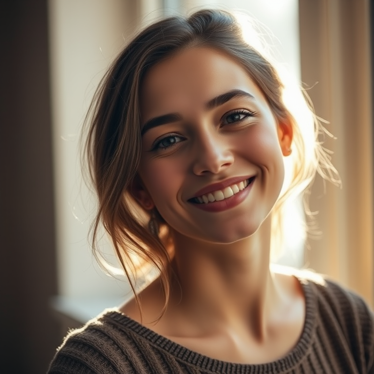 portrait of a young woman smiling softly, soft natural lighting, f/1.8, ISO 100, 50mm lens, shallow depth of field, DSLR, head and shoulders composition, warm tones