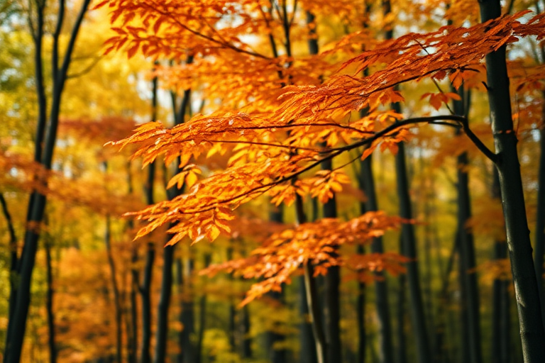 autumn leaves on trees in a forest, soft focus, vibrant colors, Canon EOS R5, 50mm f/1.2 lens, f/2.8, ISO 200, 1/250 sec, natural lighting, bokeh effect, high dynamic range imaging