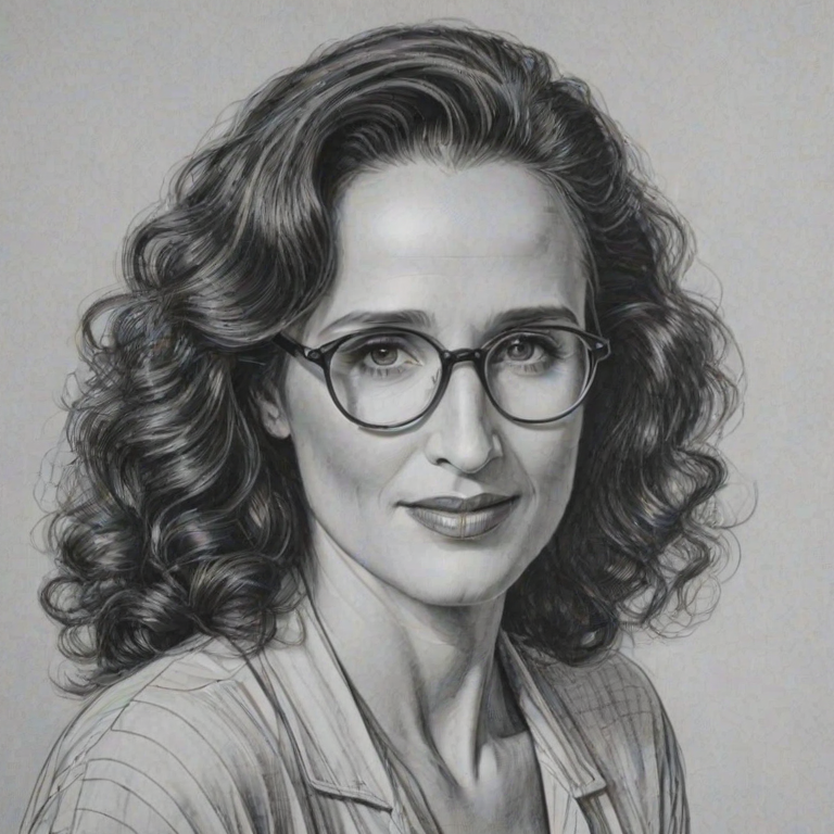 Graceful Andie MacDowell, pencil sketch, portrait of Enchanting woman 1928s in glasses, hair style beatnik, outline, clear lines, fine lines, 8k