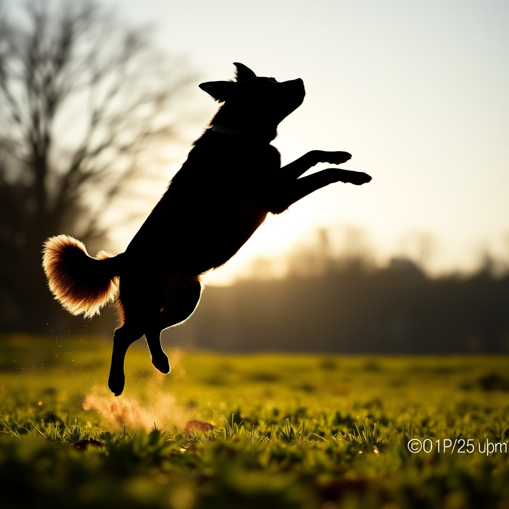Generate a high-quality silhouette of a jumping dog, using a Canon EOS R5 with a 85mm f/1.4 lens, aperture set to f/2.8, ISO 100, shot in natural light at a slight upward angle.