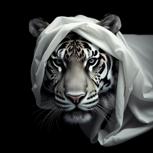 A hyper-realistic digital portrait of an tiger with fabric draped over its head. The fabric is sheer and lightweight, allowing the contours of the tiger’s face to show through, including its ears, eyes, and nose. The texture of the fabric is smooth and flowing, with delicate folds and creases that suggest softness and movement. The tiger’s expression is serene and contemplative. The image focuses on the interplay of light and shadow on the fabric and the tiger's face, creating a monochromatic palette of whites and grays. The background is a simple, nondescript dark shade to highlight the subject.