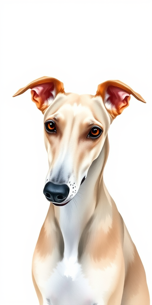 Create a high-resolution watercolor illustration of a greyhound-style dog with soft, neutral colors, ensuring a smooth gradient background, captured in a 50mm lens at f/2.8 with natural lighting and a slightly elevated camera angle to enhance depth and detail.