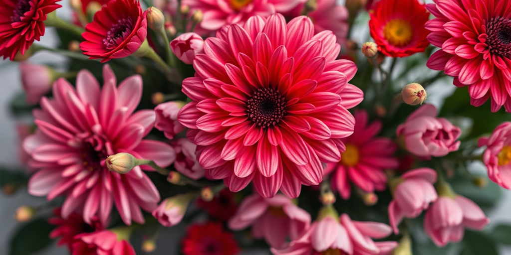 high-resolution floral arrangement featuring vibrant red and pink flowers, soft focus, f/2.8 aperture, 50mm lens, ISO 100, natural light, top-down view