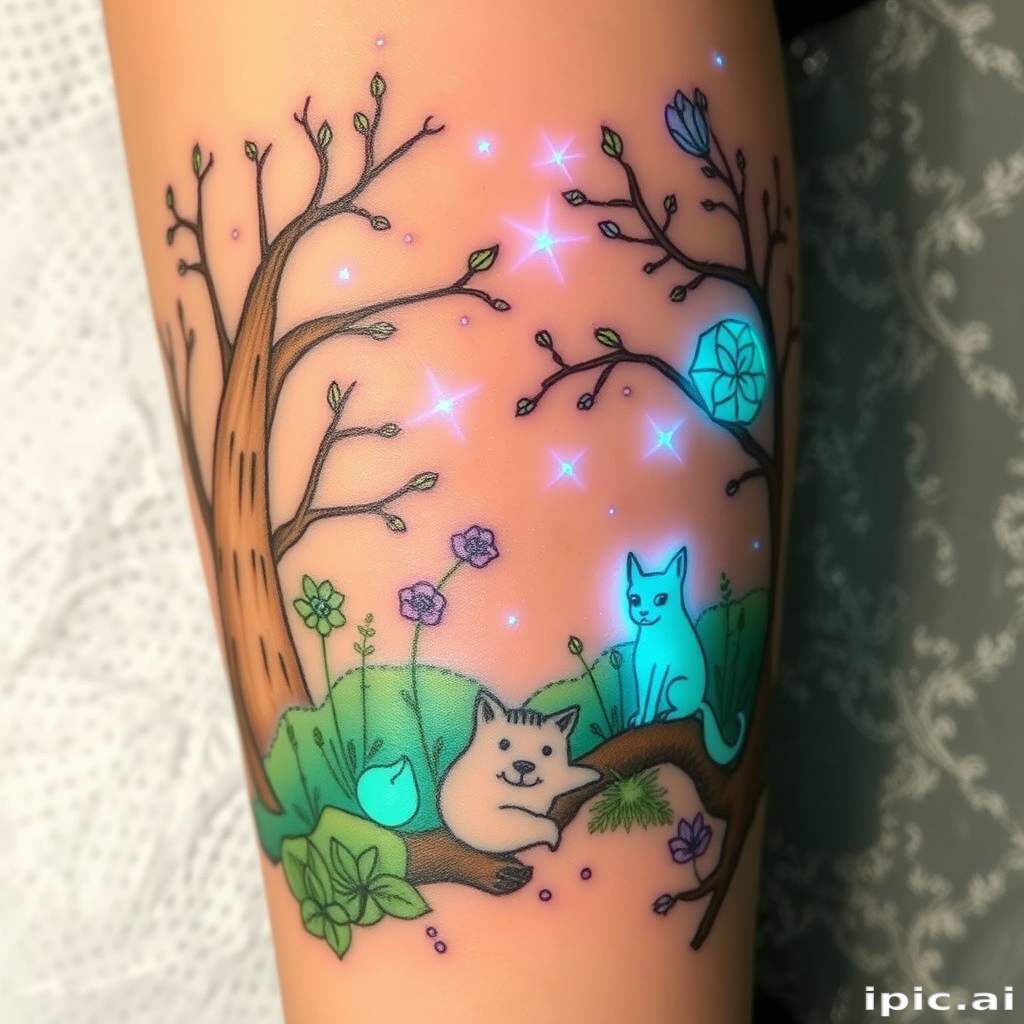 Enchanting "Fairy Tale Forest" tattoo transports viewers into a magical woodland scene. Soft, muted greens and browns create a lush backdrop, while pops of bioluminescent blues and purples add an otherworldly glow. Delicate linework brings to life whimsical creatures and ethereal flora, creating a storybook-worthy piece full of wonder and imagination.
