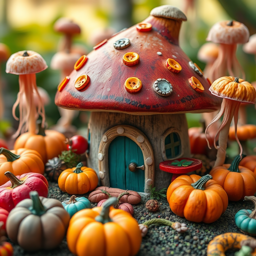 A whimsical mushroom house surrounded by colorful pumpkins and fantastical jellyfish, captured in vibrant colors with a shallow depth of field, using a DSLR camera with a 50mm lens, f/2.8 aperture, ISO 100, and natural daylight.