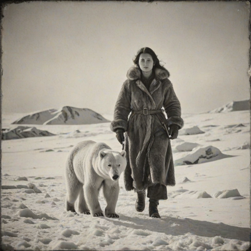 A very old photograph in black and white. The photo is badly damaged, faded, with scratches, tears, smudges and dirt. The photo is ultra-realistic and very detailed. It's a picture of an Arctic warrior. She is walking serenely towards the camera. At her side walks a majestic polar bear. Its fur shines in the sunlight. Snow, ice, sea. wind. snow in the air.