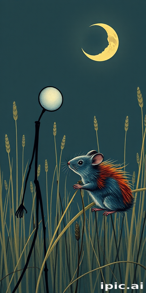 A classic figure of a stickman with thin black lines, standing in the wild grass looking at a hairy, colorful mouse with a waning moon in his last quarter in the background