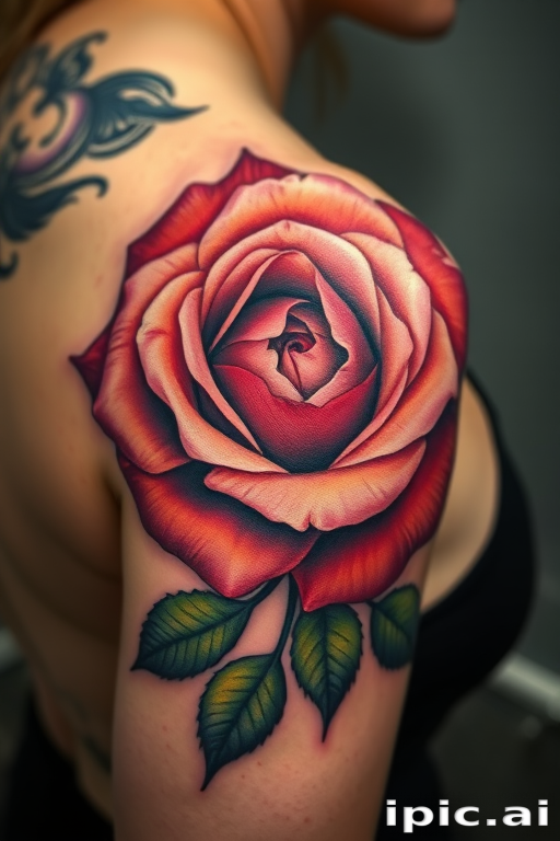 Hyper-realistic color realism tattoo of a blooming rose on the shoulder blade, capturing every intricate detail and texture, with lifelike shading and color gradients for a 3D effect