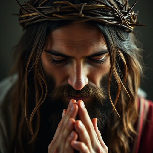 Create a detailed portrait of a man with long hair and a beard, wearing a crown of thorns, praying with his hands clasped, soft lighting, 50mm lens, f/1.8 aperture, ISO 200, soft focus, cinematic style, high dynamic range, captured with a full-frame DSLR.