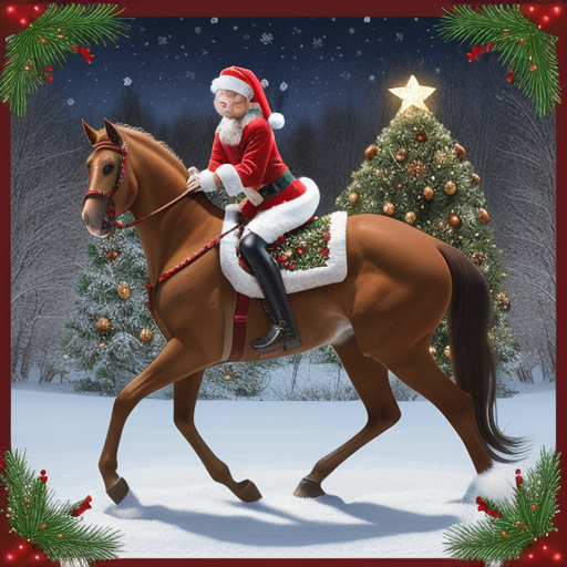 Santa Claus Joyfully Rides a Horse Through a Winter Wonderland Scene